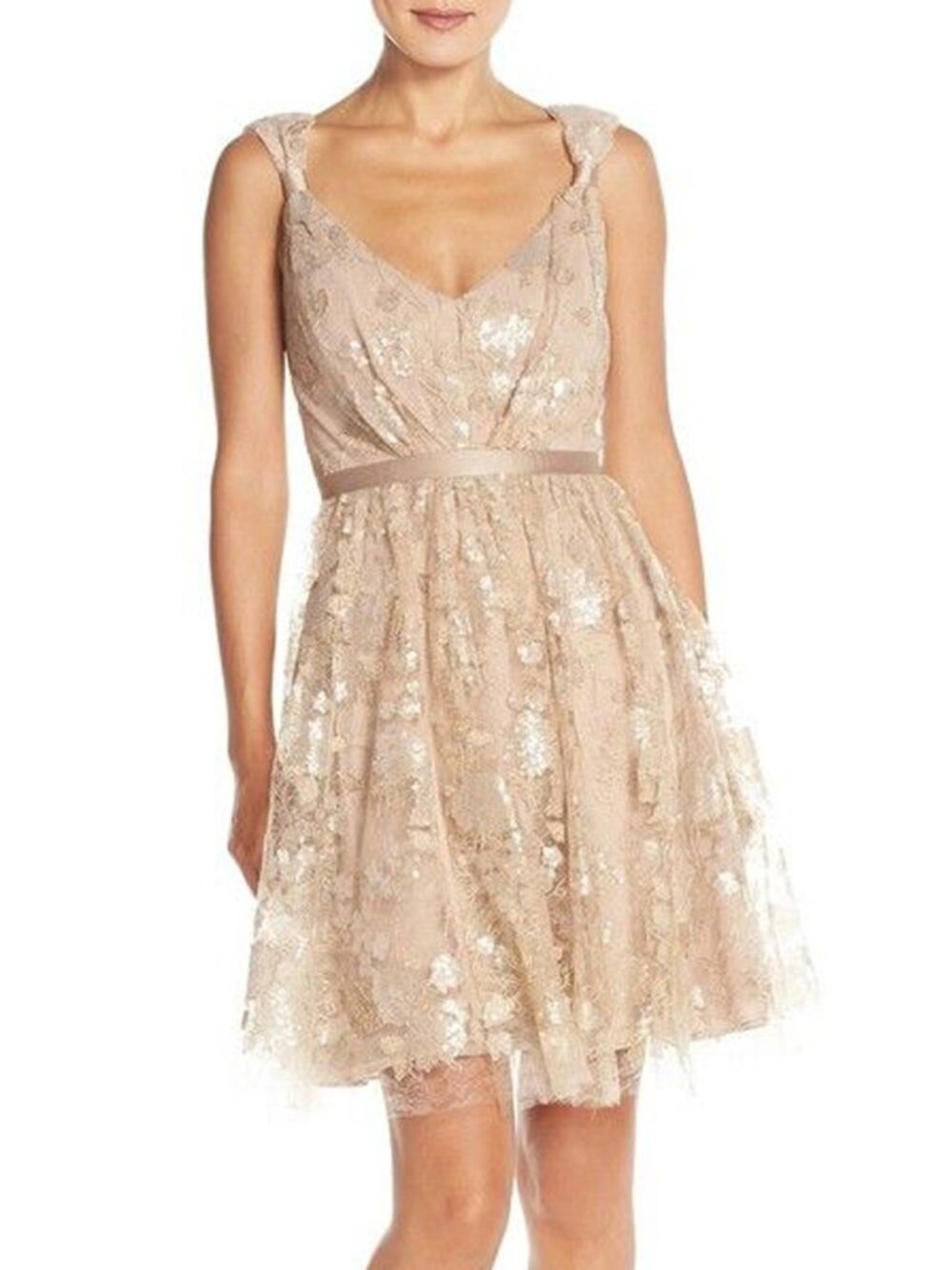Vera Wang Sequin Lace Illusion Gold Nude Dress 14